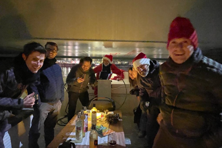 a group of people standing in a room
