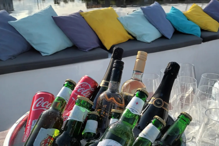 a group of glass bottles on a table