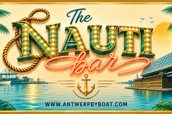 Vintage-style sign for 'The Nauti Bar' with nautical theme, palm trees, and waterfront cityscape.