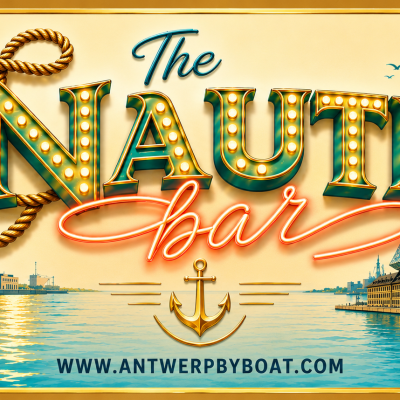 Vintage-style sign for The Nauti Bar with palm trees and waterfront view.